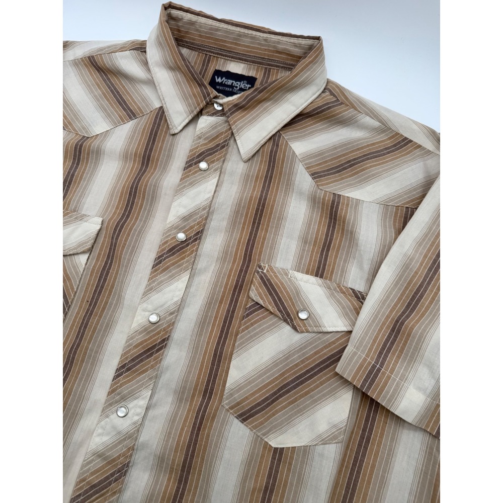 Vintage Wrangler Western Collared Shirt Mens 2XT Brown Tan Striped Pearl Snap